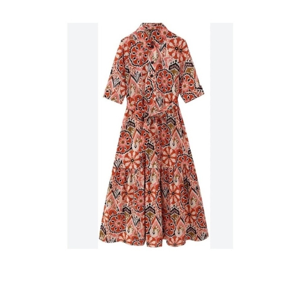 Zara Womens Pink Orange Ikat Floral Tiered Midi Shirt‎ Dress Size Large Belted